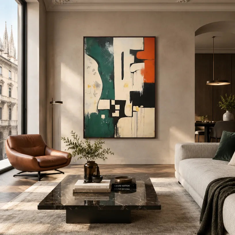 Wabi-Sabi abstract oil painting showing layered abstract marks, texture and expressive painterly movement in a beige palette.