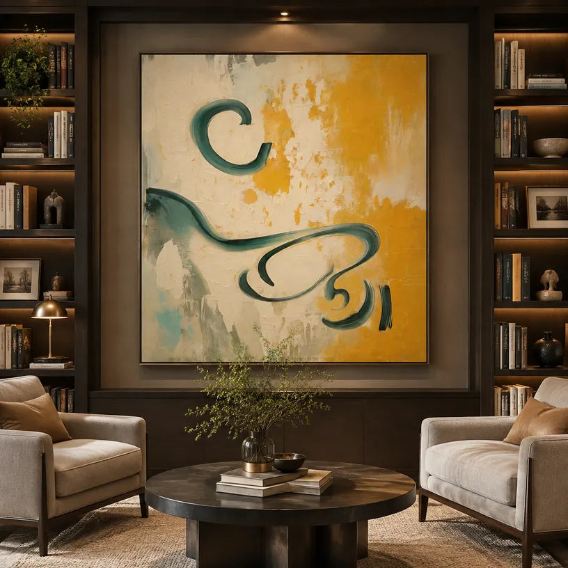 Wabi-Sabi abstract oil painting showing layered abstract marks, texture and expressive painterly movement in a beige palette.