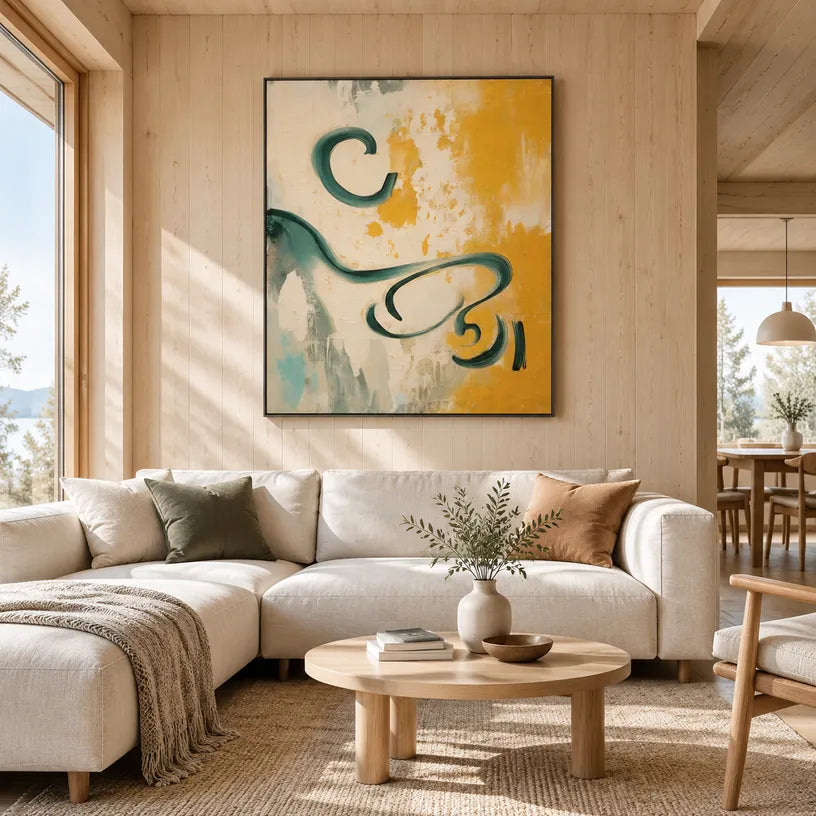 Wabi-Sabi abstract oil painting showing layered abstract marks, texture and expressive painterly movement in a beige palette.