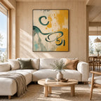 Wabi-Sabi abstract oil painting showing layered abstract marks, texture and expressive painterly movement in a beige palette.