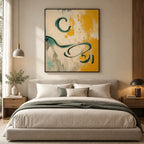 Wabi-Sabi abstract oil painting showing layered abstract marks, texture and expressive painterly movement in a beige palette.