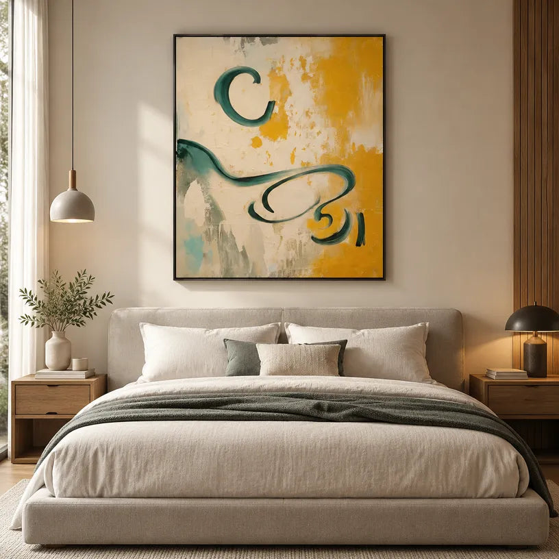 Wabi-Sabi abstract oil painting showing layered abstract marks, texture and expressive painterly movement in a beige palette.