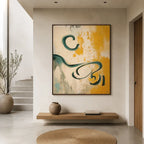 Wabi-Sabi abstract oil painting showing layered abstract marks, texture and expressive painterly movement in a beige palette.