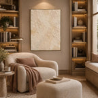 Wabi-Sabi abstract oil painting showing layered abstract marks, texture and expressive painterly movement in a beige palette.