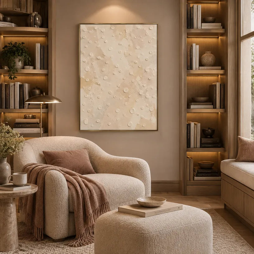 Wabi-Sabi abstract oil painting showing layered abstract marks, texture and expressive painterly movement in a beige palette.