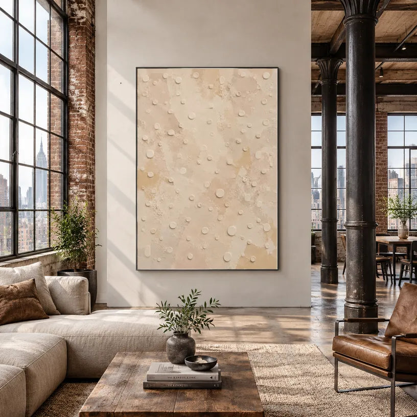 Wabi-Sabi abstract oil painting showing layered abstract marks, texture and expressive painterly movement in a beige palette.