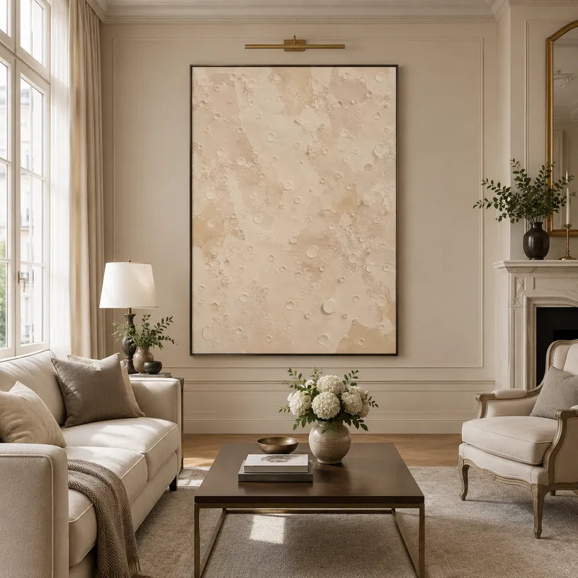 Wabi-Sabi abstract oil painting showing layered abstract marks, texture and expressive painterly movement in a beige palette.