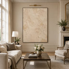 Wabi-Sabi abstract oil painting showing layered abstract marks, texture and expressive painterly movement in a beige palette.