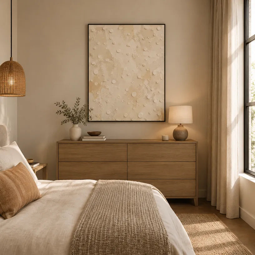Wabi-Sabi abstract oil painting showing layered abstract marks, texture and expressive painterly movement in a beige palette.