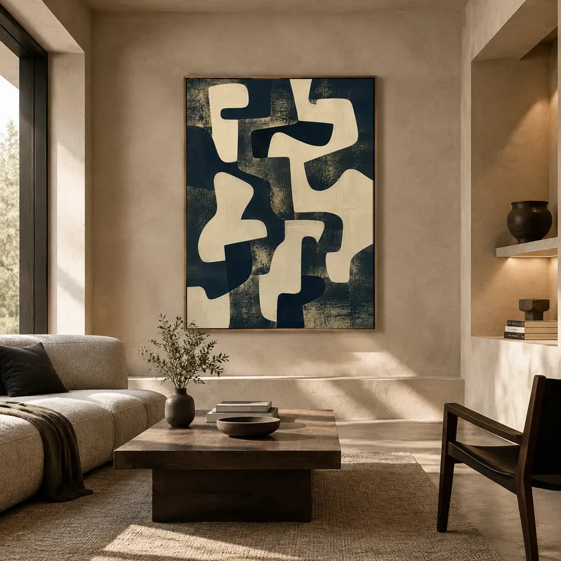 Wabi-Sabi abstract oil painting showing layered abstract marks, texture and expressive painterly movement.