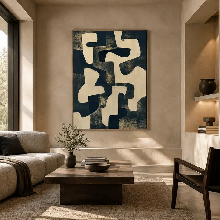 Pittura a olio astratta e concettuale Wabi-Sabi con segni astratti stratificati, consistenza e movimento pittorico espressivo in una tavolozza in bianco e nero.