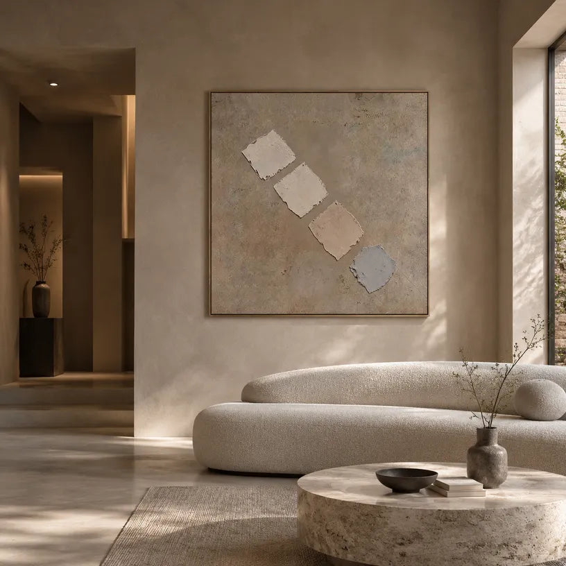 Wabi-Sabi abstract oil painting showing layered abstract marks, texture and expressive painterly movement in a brown palette.