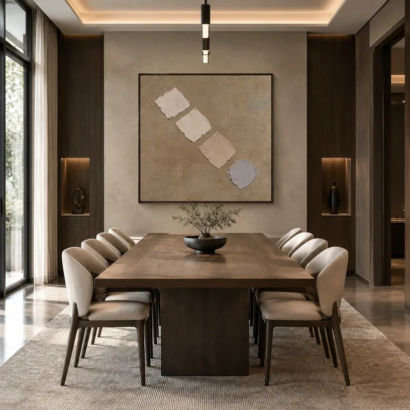 Wabi-Sabi abstract oil painting showing layered abstract marks, texture and expressive painterly movement in a brown palette.