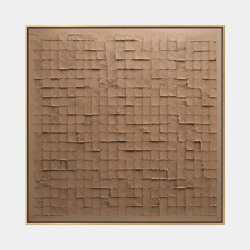 Wabi-Sabi abstract oil painting showing layered abstract marks, texture and expressive painterly movement in a brown palette.