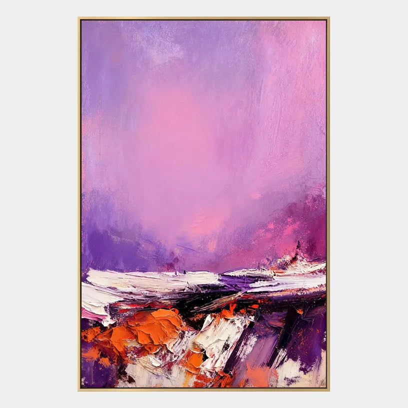 Wabi-Sabi abstract oil painting showing layered abstract marks, texture and expressive painterly movement in a purple palette.