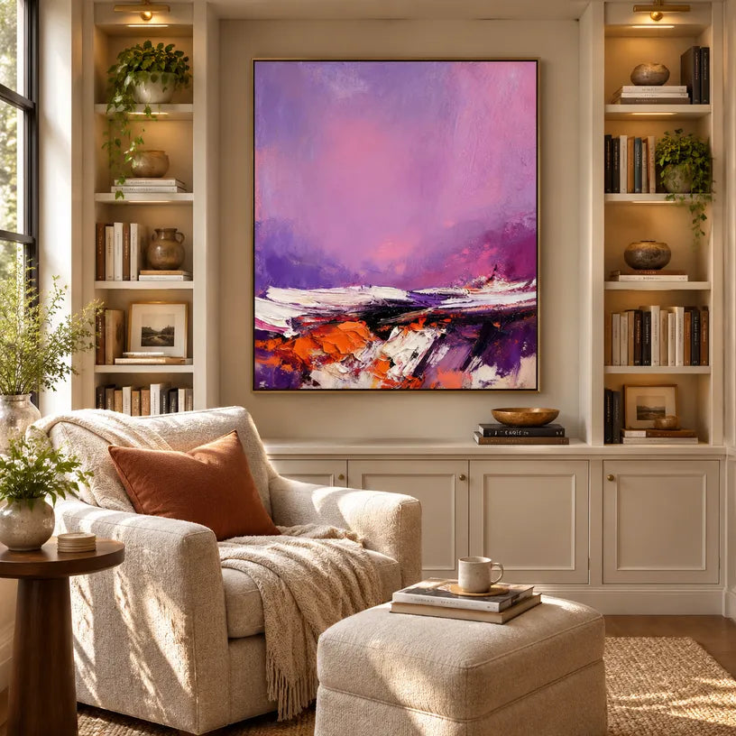 Wabi-Sabi abstract oil painting showing layered abstract marks, texture and expressive painterly movement in a purple palette.