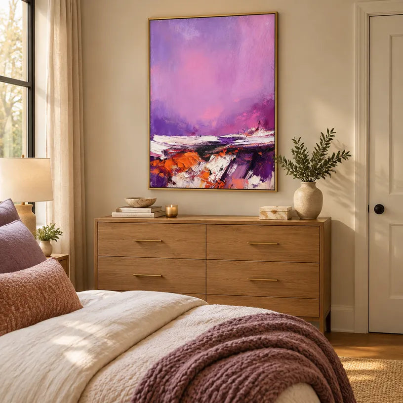 Wabi-Sabi abstract oil painting showing layered abstract marks, texture and expressive painterly movement in a purple palette.