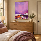 Wabi-Sabi abstract oil painting showing layered abstract marks, texture and expressive painterly movement in a purple palette.