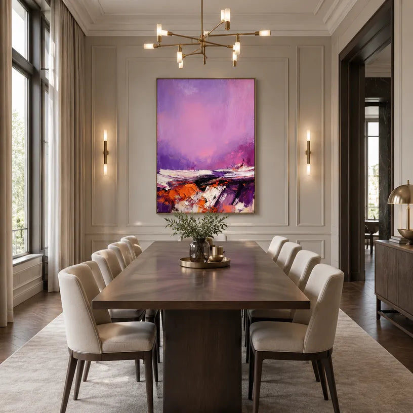 Wabi-Sabi abstract oil painting showing layered abstract marks, texture and expressive painterly movement in a purple palette.