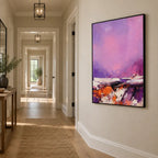 Wabi-Sabi abstract oil painting showing layered abstract marks, texture and expressive painterly movement in a purple palette.