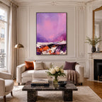 Wabi-Sabi abstract oil painting showing layered abstract marks, texture and expressive painterly movement in a purple palette.