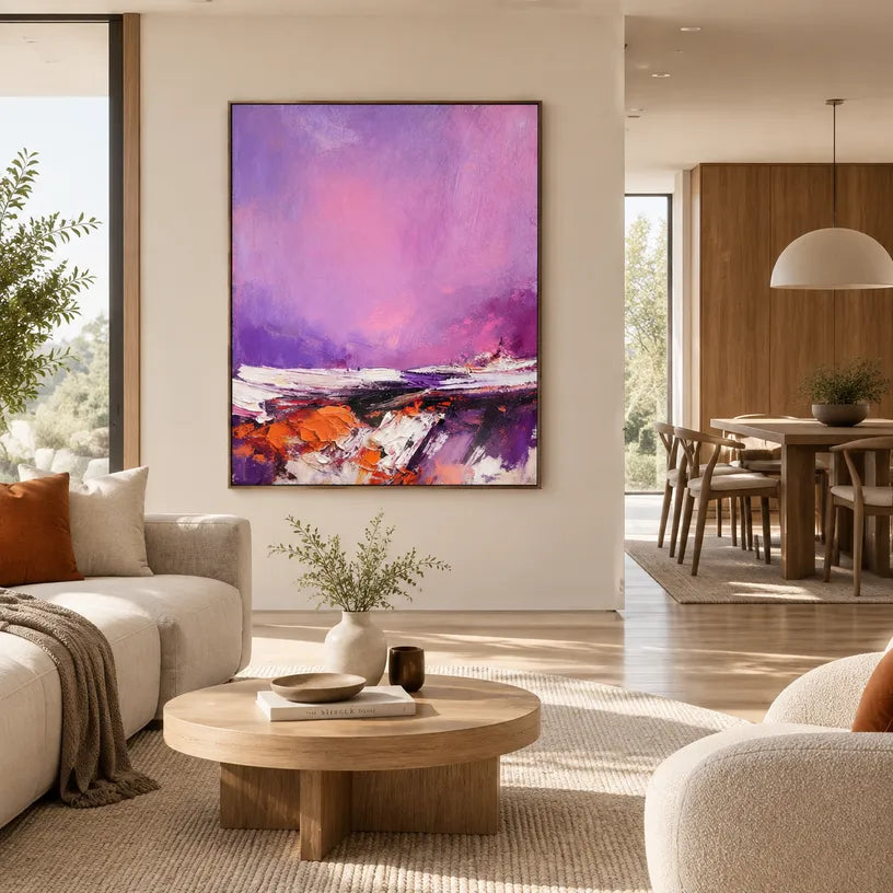 Wabi-Sabi abstract oil painting showing layered abstract marks, texture and expressive painterly movement in a purple palette.