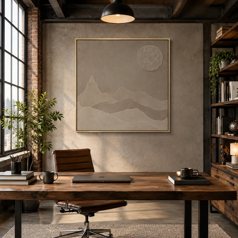 Wabi-Sabi-Ölgemälde „Landschaften, Seestücke und Stadtansichten“ mit einer stimmungsvollen Landschafts-, Seestücks- oder Stadtkomposition in einer beigen Palette.