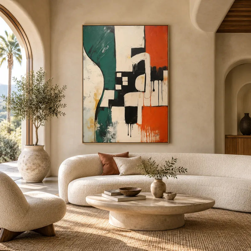 Wabi-Sabi abstract oil painting showing layered abstract marks, texture and expressive painterly movement in a beige palette.