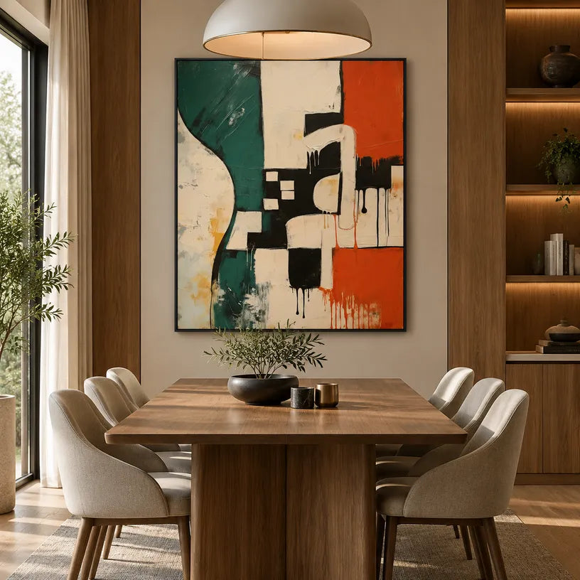 Wabi-Sabi abstract oil painting showing layered abstract marks, texture and expressive painterly movement in a beige palette.