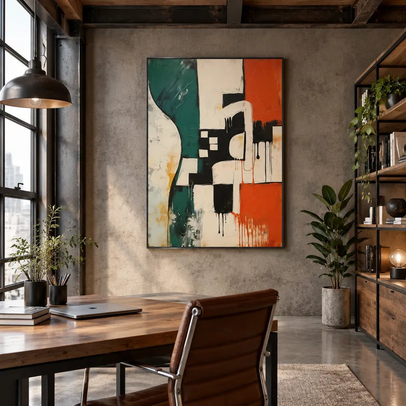 Wabi-Sabi abstract oil painting showing layered abstract marks, texture and expressive painterly movement in a beige palette.