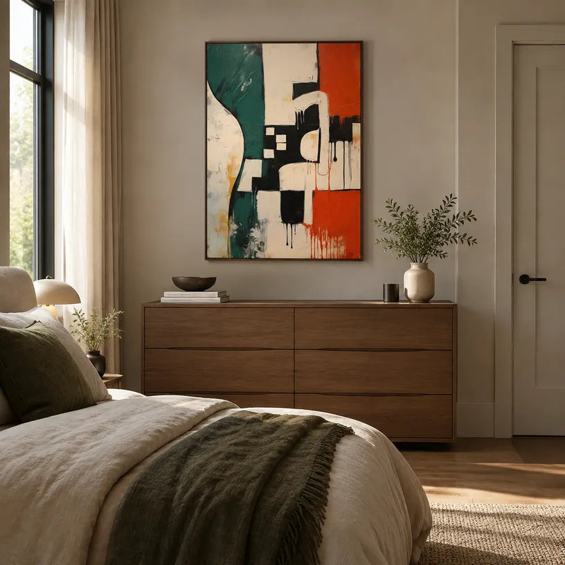 Wabi-Sabi abstract oil painting showing layered abstract marks, texture and expressive painterly movement in a beige palette.