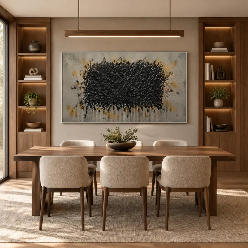 Wabi-Sabi abstract oil painting showing layered abstract marks, texture and expressive painterly movement in a yellow palette.