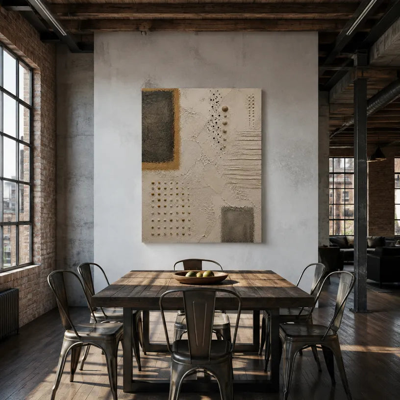 Wabi-Sabi abstract oil painting showing layered abstract marks, texture and expressive painterly movement in a brown palette.