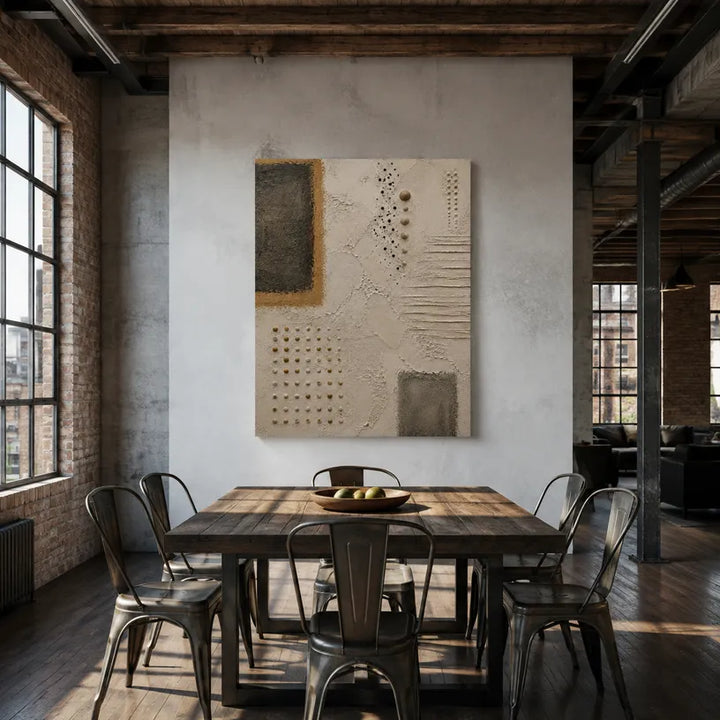Wabi-Sabi abstract & conceptual oil painting featuring layered abstract marks, texture and expressive painterly movement in a beige palette.