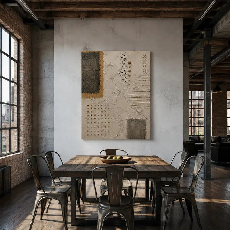 Peinture à l'huile abstraite et conceptuelle Wabi-Sabi présentant des marques abstraites superposées, une texture et un mouvement pictural expressif dans une palette beige.