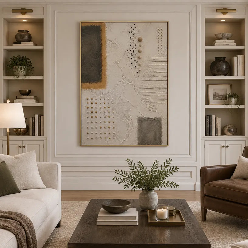 Wabi-Sabi abstract oil painting showing layered abstract marks, texture and expressive painterly movement in a brown palette.