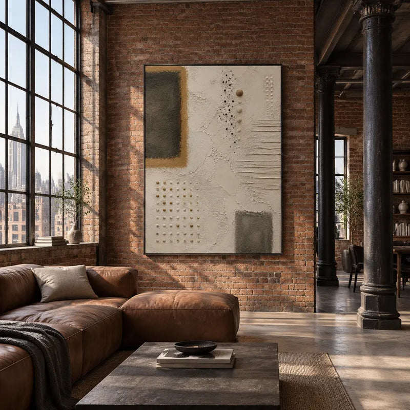 Peinture à l'huile abstraite et conceptuelle Wabi-Sabi présentant des marques abstraites superposées, une texture et un mouvement pictural expressif dans une palette beige.