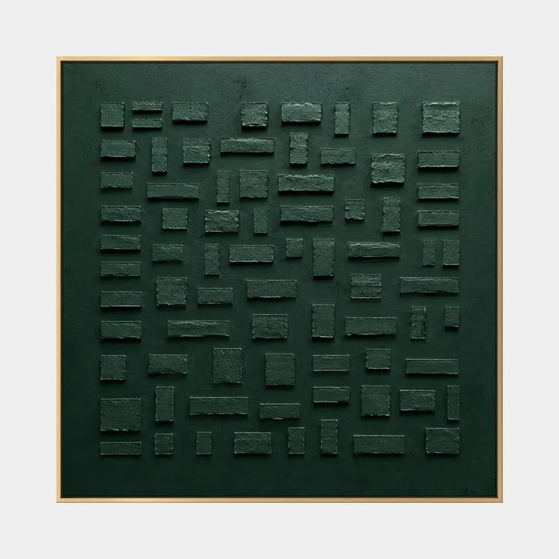 Pittura a olio astratta e concettuale Wabi-Sabi con segni astratti stratificati, consistenza e movimento pittorico espressivo in una tavolozza verde.