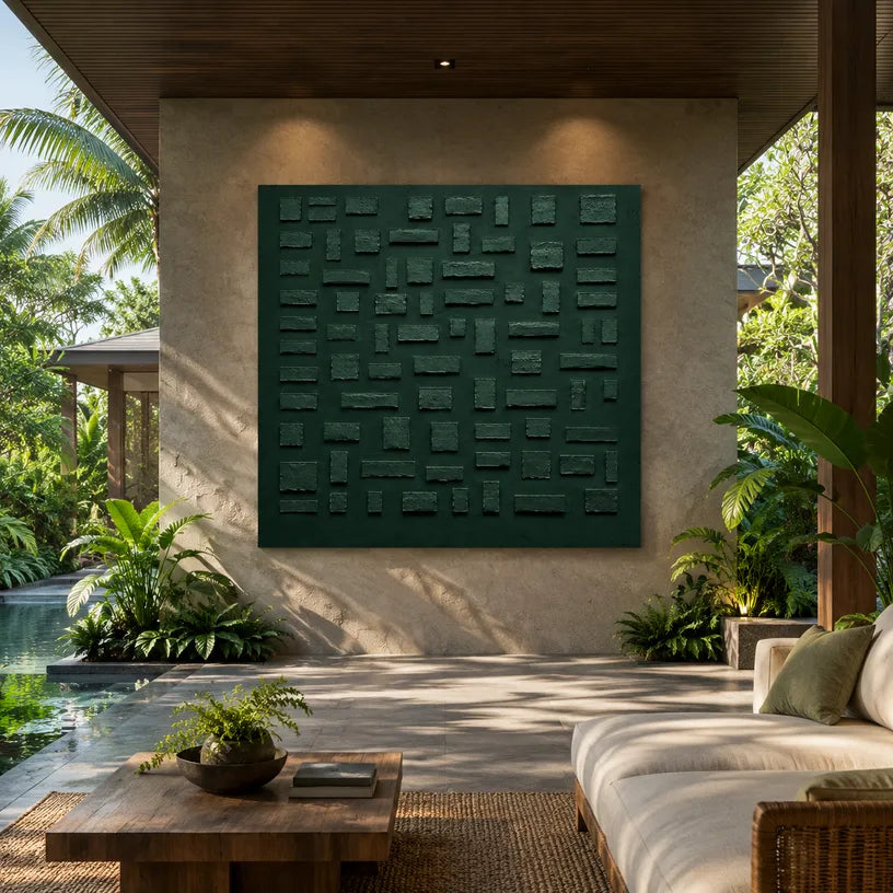 Wabi-Sabi abstract oil painting showing layered abstract marks, texture and expressive painterly movement in a green palette.