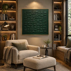 Wabi-Sabi abstract oil painting showing layered abstract marks, texture and expressive painterly movement in a green palette.