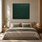 Wabi-Sabi abstract oil painting showing layered abstract marks, texture and expressive painterly movement in a green palette.