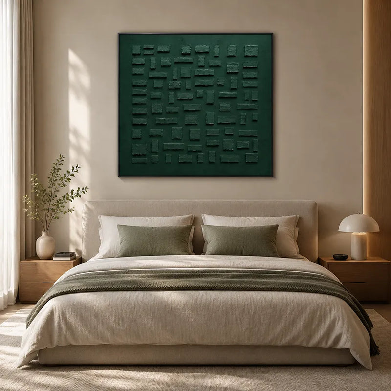 Pittura a olio astratta e concettuale Wabi-Sabi con segni astratti stratificati, consistenza e movimento pittorico espressivo in una tavolozza verde.