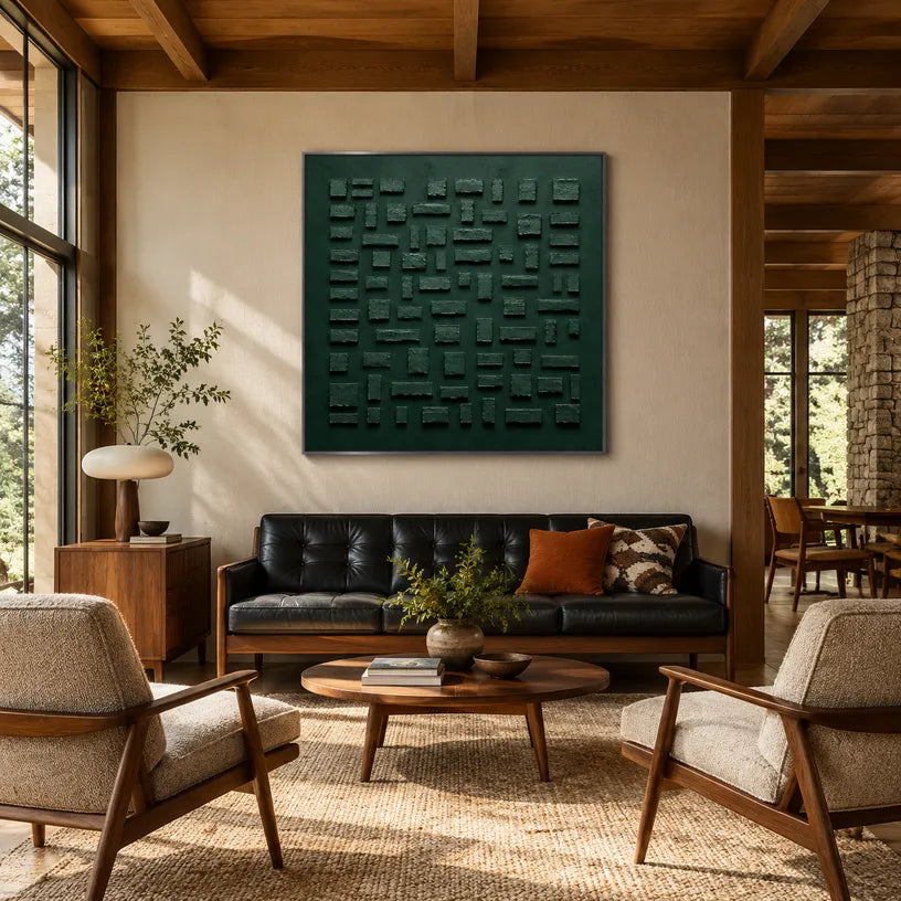 Wabi-Sabi abstract oil painting showing layered abstract marks, texture and expressive painterly movement in a green palette.
