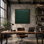 Wabi-Sabi abstract oil painting showing layered abstract marks, texture and expressive painterly movement in a green palette.