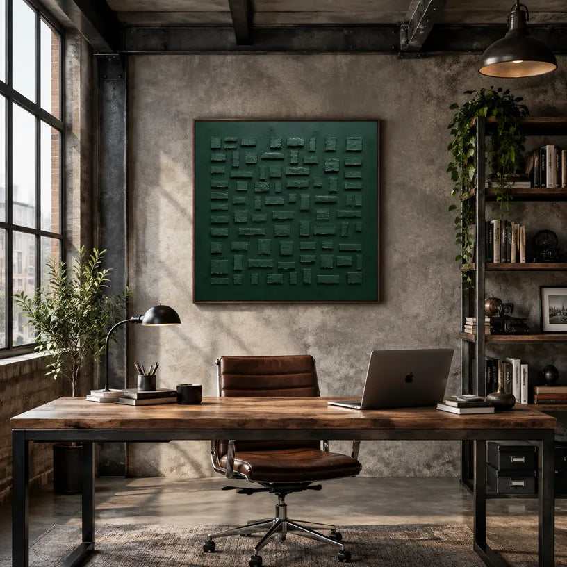 Wabi-Sabi abstract oil painting showing layered abstract marks, texture and expressive painterly movement in a green palette.