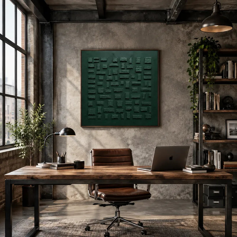 Pittura a olio astratta e concettuale Wabi-Sabi con segni astratti stratificati, consistenza e movimento pittorico espressivo in una tavolozza verde.