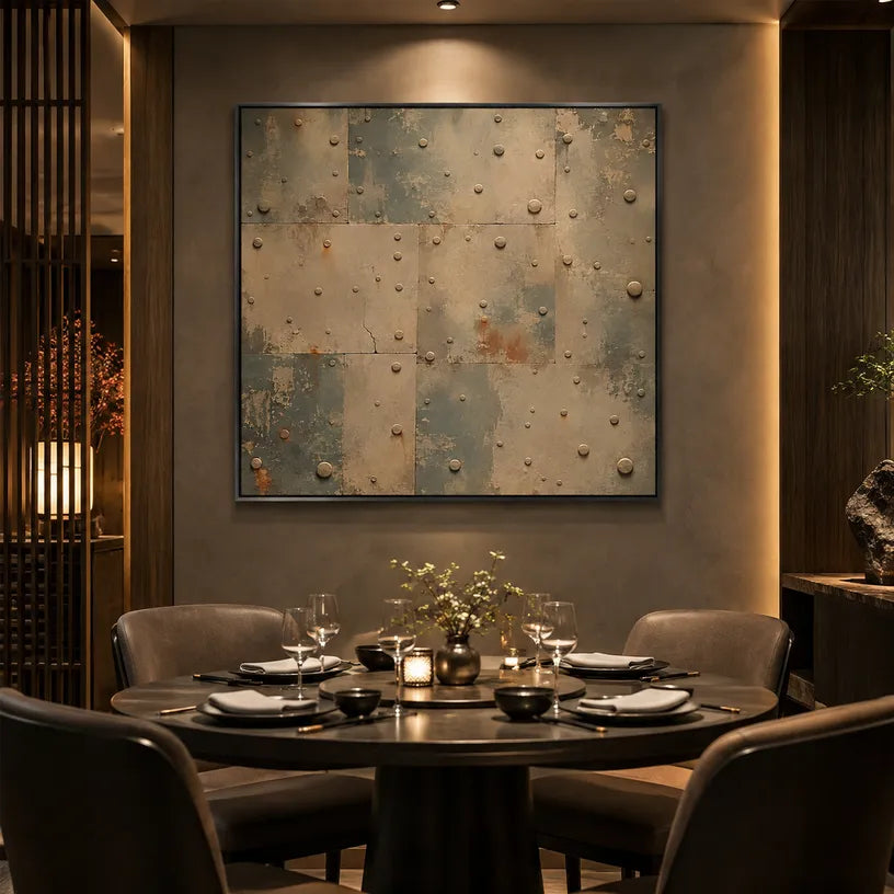 Wabi-Sabi abstract oil painting showing layered abstract marks, texture and expressive painterly movement in a brown palette.