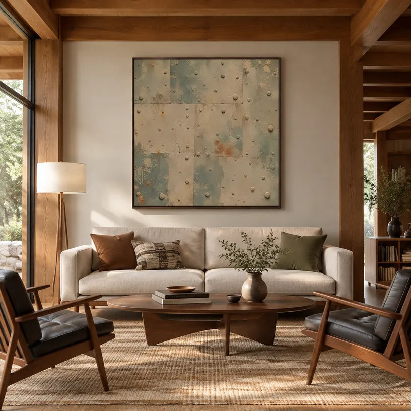 Wabi-Sabi abstract oil painting showing layered abstract marks, texture and expressive painterly movement in a brown palette.