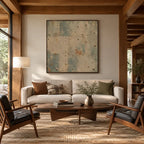 Wabi-Sabi abstract oil painting showing layered abstract marks, texture and expressive painterly movement in a brown palette.