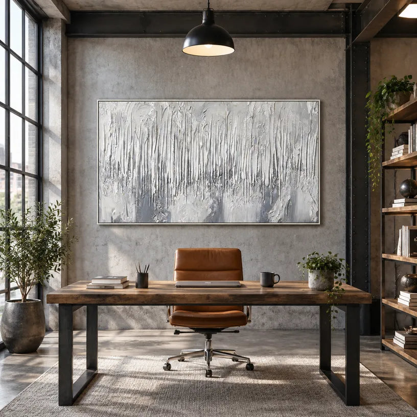 Wabi-Sabi abstract oil painting showing layered abstract marks, texture and expressive painterly movement in a grey palette.